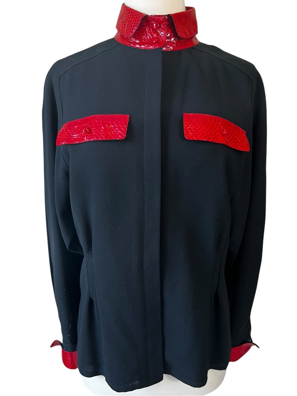 Vintage Francesca of Damon for Starington Black Wool and Red Leather Blouse